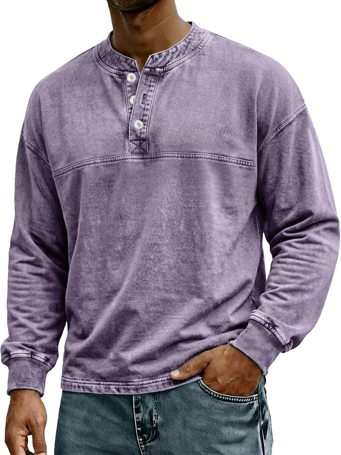 Men's Retro-Style Stand Collar Button Casual Long Sleeve Henley Shirt