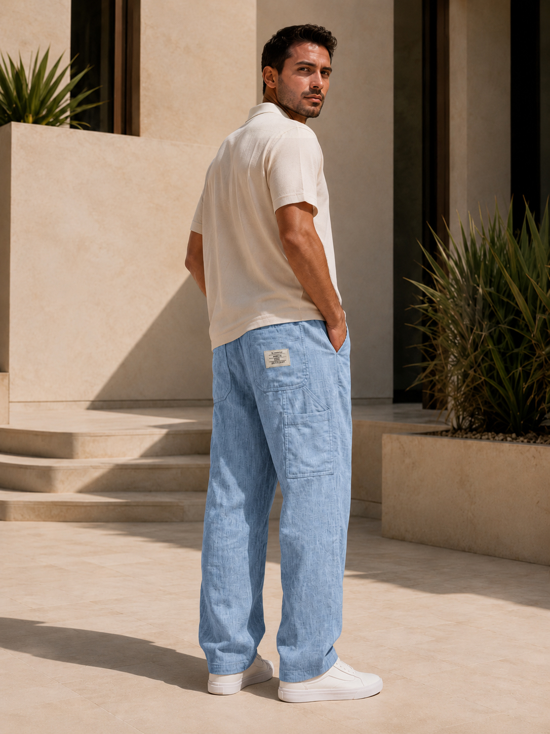 Men's Casual Linen Cargo Trousers with Embroidered Logo and Multiple Pockets