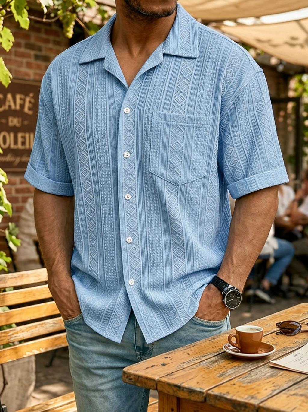 Men's Simple Textured Pocket Casual Short-Sleeve Shirt