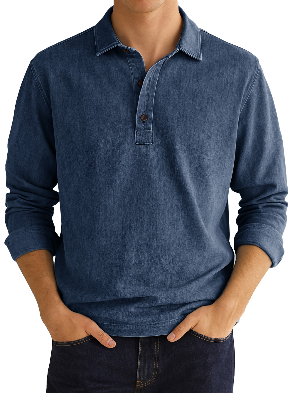  Men's Stylish Vintage Distressed Lapel Long-sleeved Polo Shirt