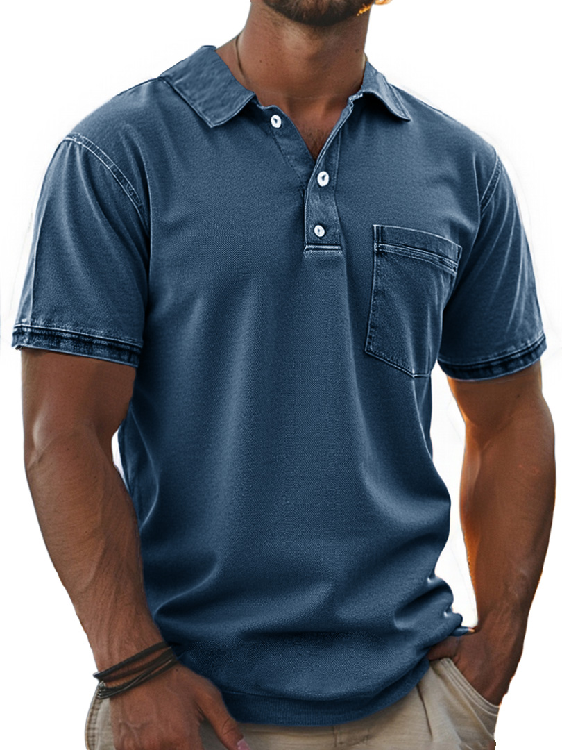 Men's Stylish Retro Pure Cotton Distressed Fabric Pocket Lapel Polo Shirt 