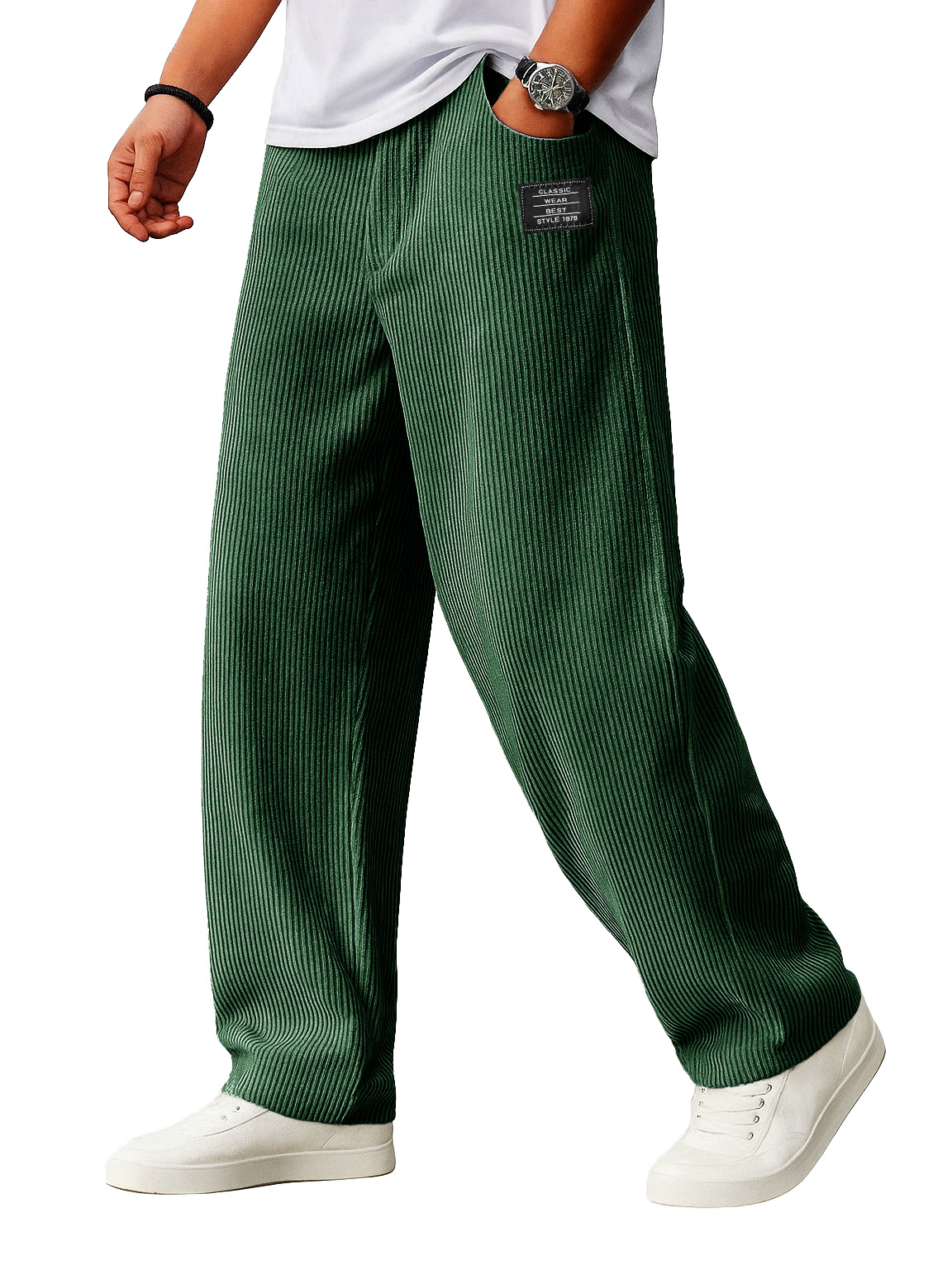 Men's Stylish Everyday Corduroy Ribbed Fabric Pants With Loose-fitting Drawstring Waist And Embroidered Logo