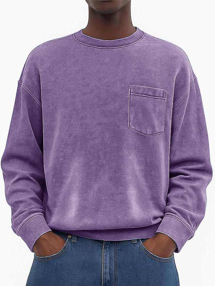 Men's Stylish Vintage Washed And Distressed Fabric Loose-fitting Long-sleeved Crew Neck Sweatshirt With Pockets