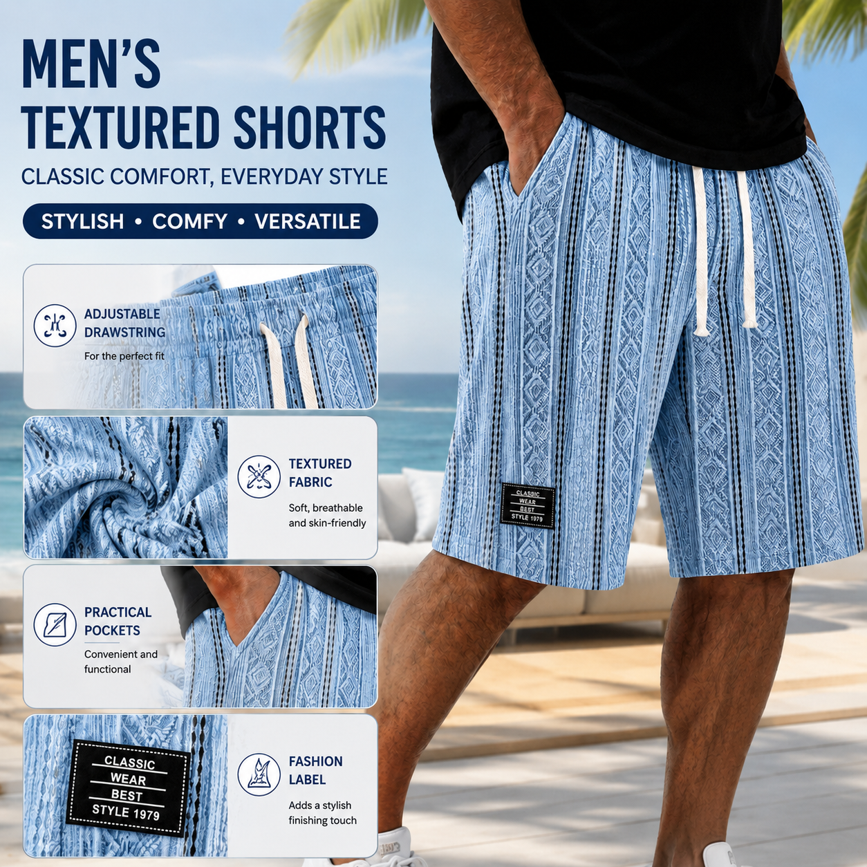 Men's Color-Blocked Textured Embroidered Logo Casual Loose Shorts