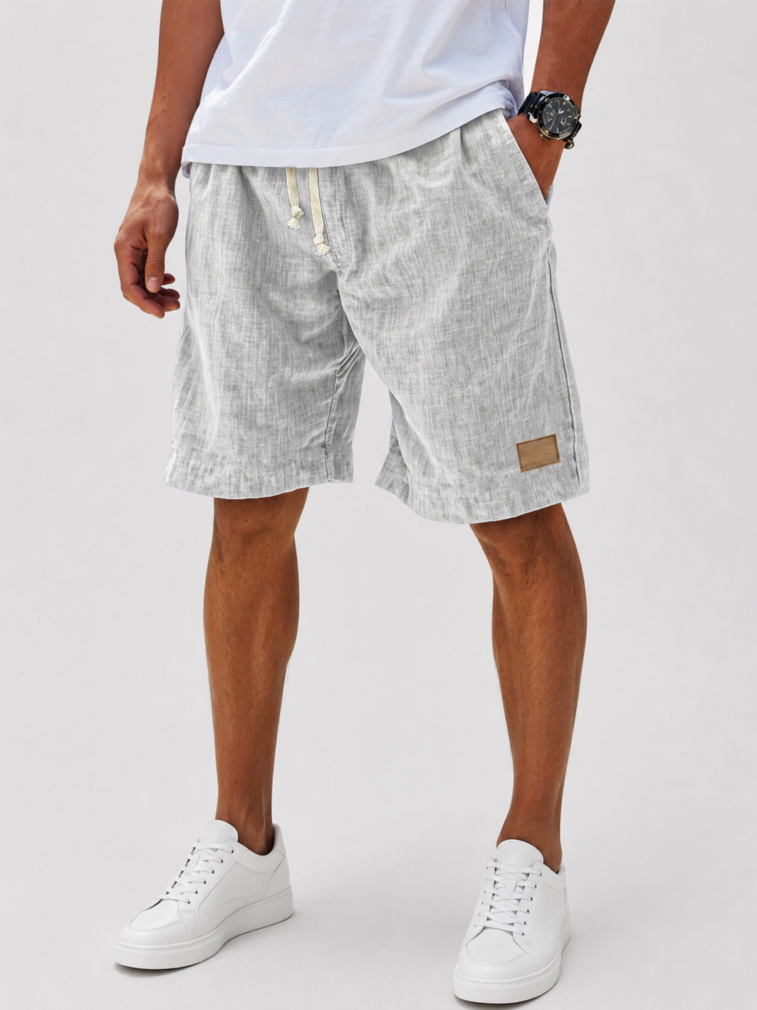 Men's Casual Breathable Linen Embroidered Logo Loose Holiday Shorts