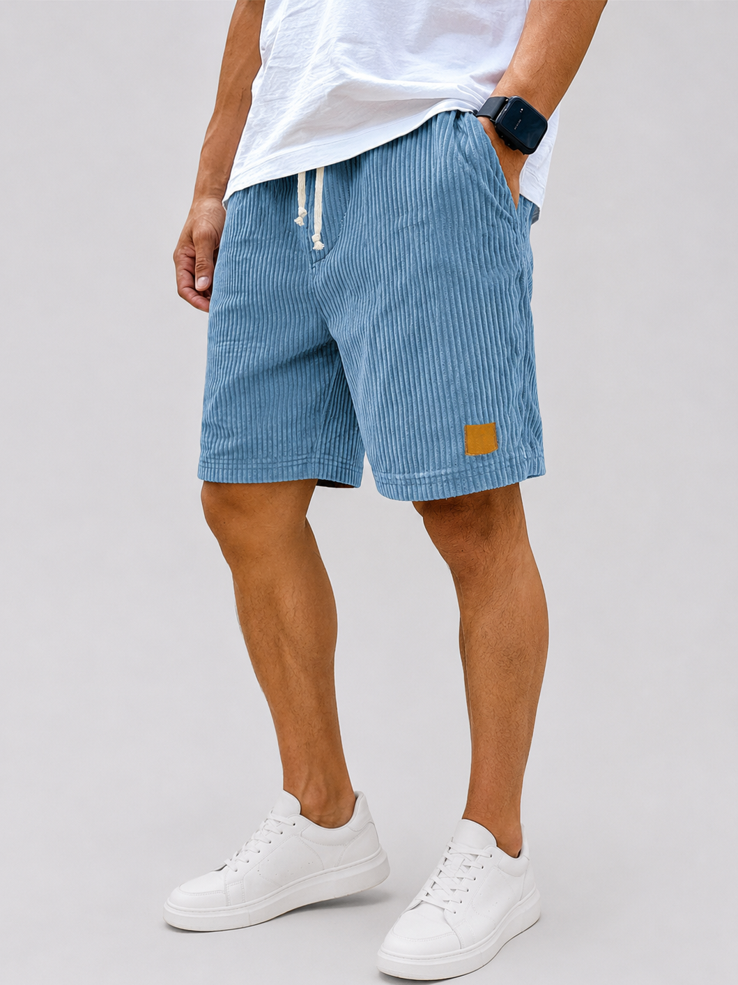 Men's Vintage Embroidered Logo Corduroy Stylish Lace-up Casual Shorts