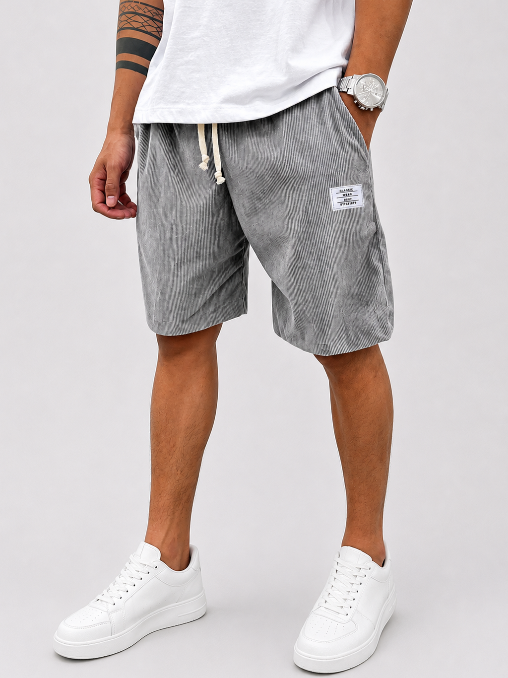 Men's Stylish Corduroy Simple Embroidered Logo Casual Lace-up Loose Shorts