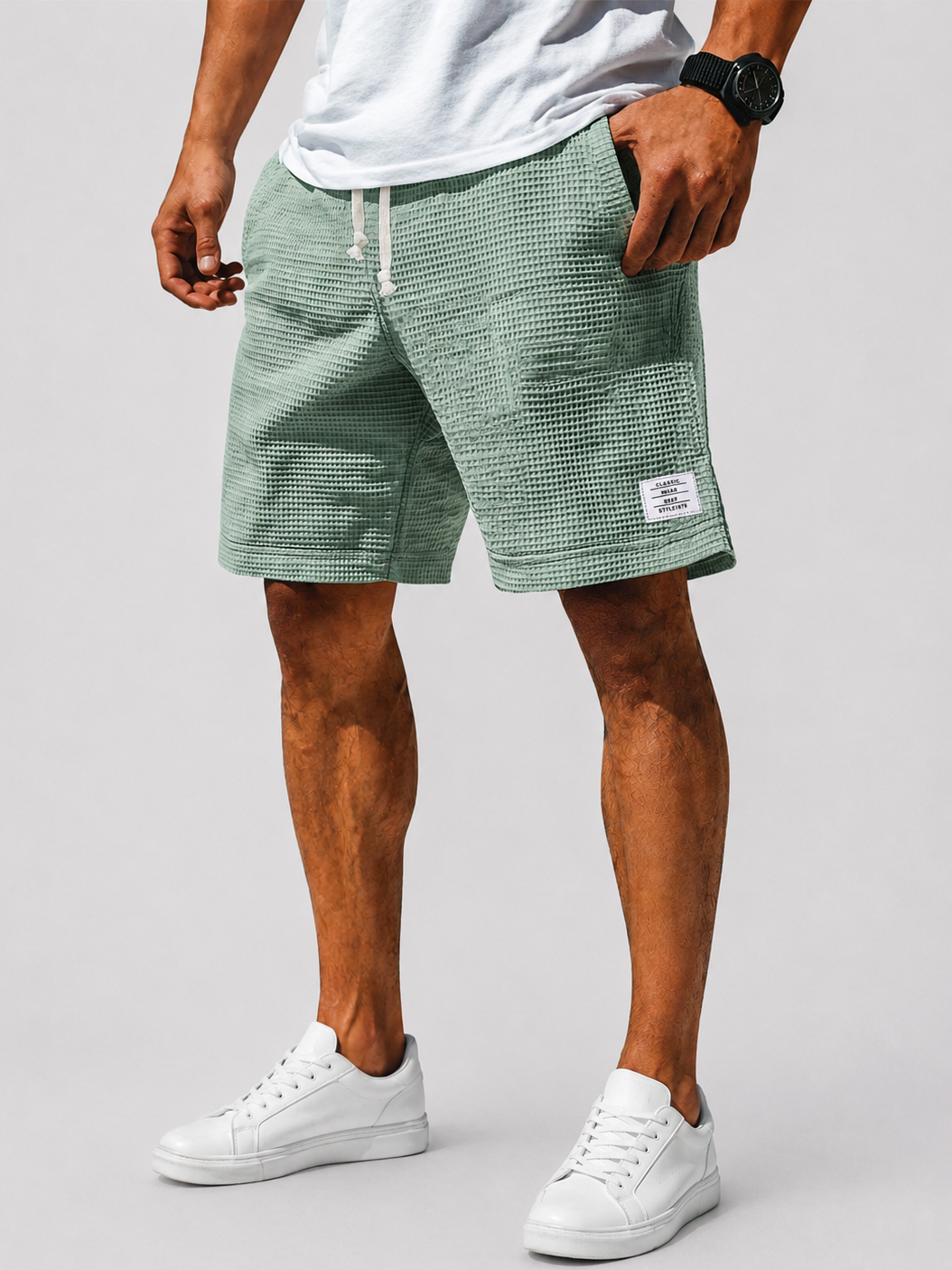Men's Soft Waffle Simple Embroidered Logo Stylish Lace Up Everyday Casual Shorts