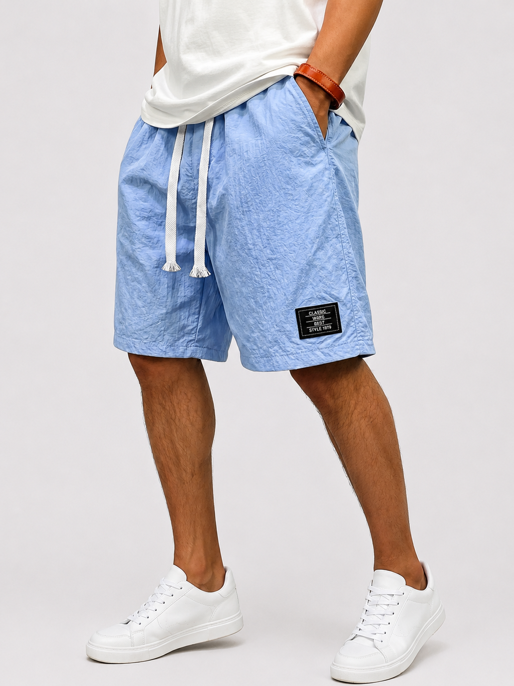 Men's Casual Ice Silk Embroidered Logo Elastic Waist Loose Shorts