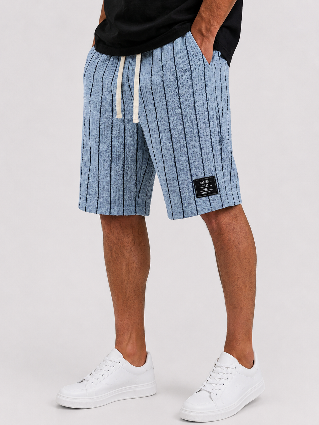 Men's Casual Textured Embroidered Logo Loose Comfort Striped Shorts