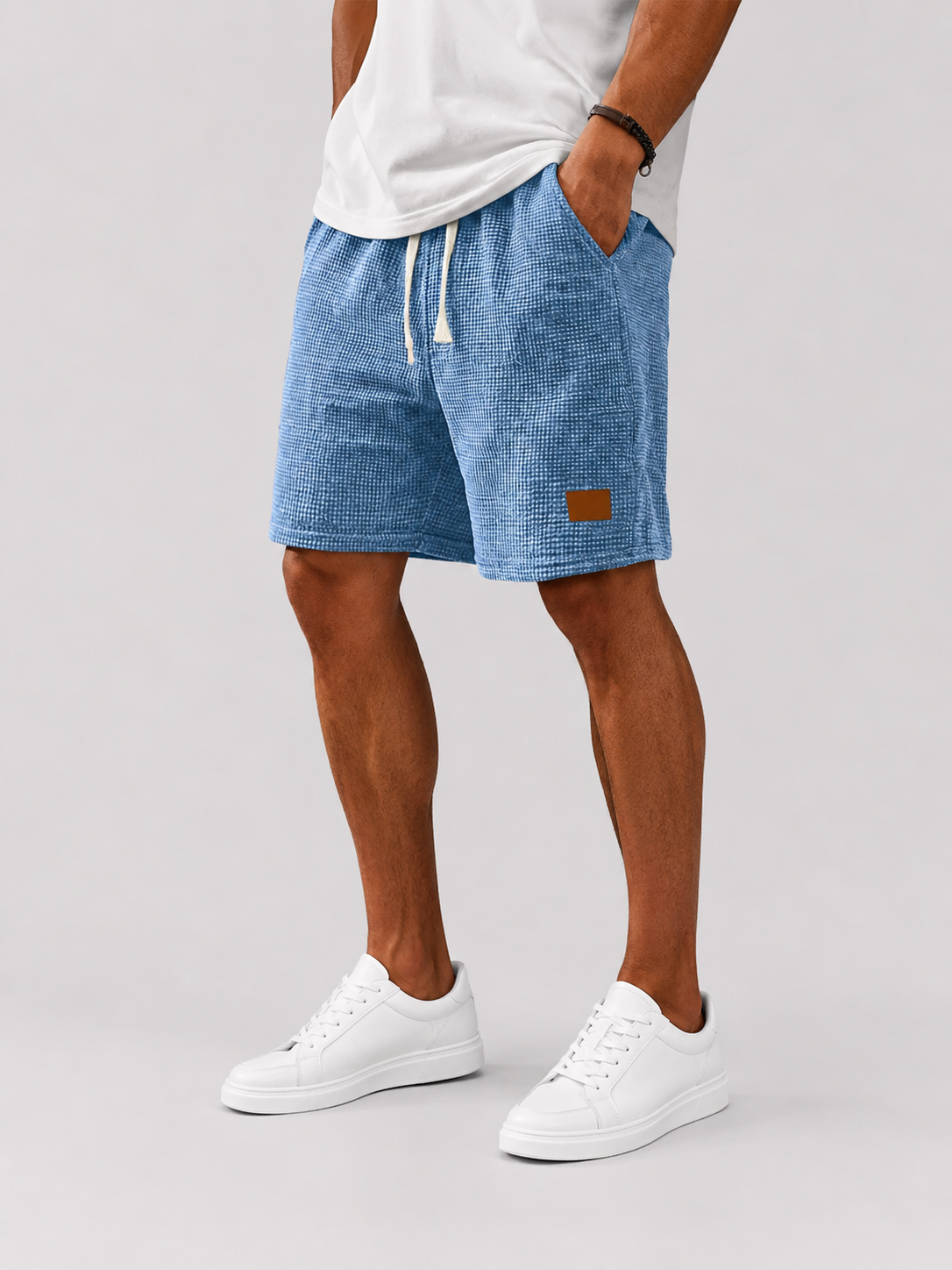 Men's Retro Corduroy Waffle Knit Embroidered Leather Label Casual Loose Shorts