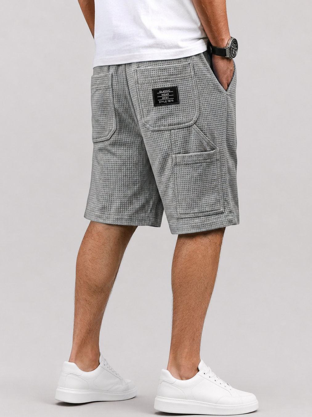 Men's Waffle-patterned Multi-pocket Embroidered Logo Casual Cargo Shorts
