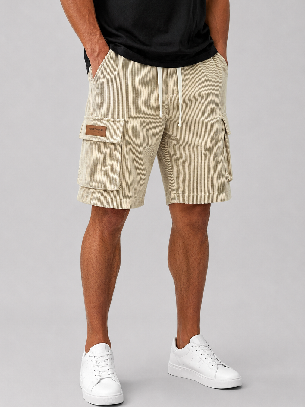 Men's Corduroy Multi-Pocket Embroidered Tag Casual Shorts