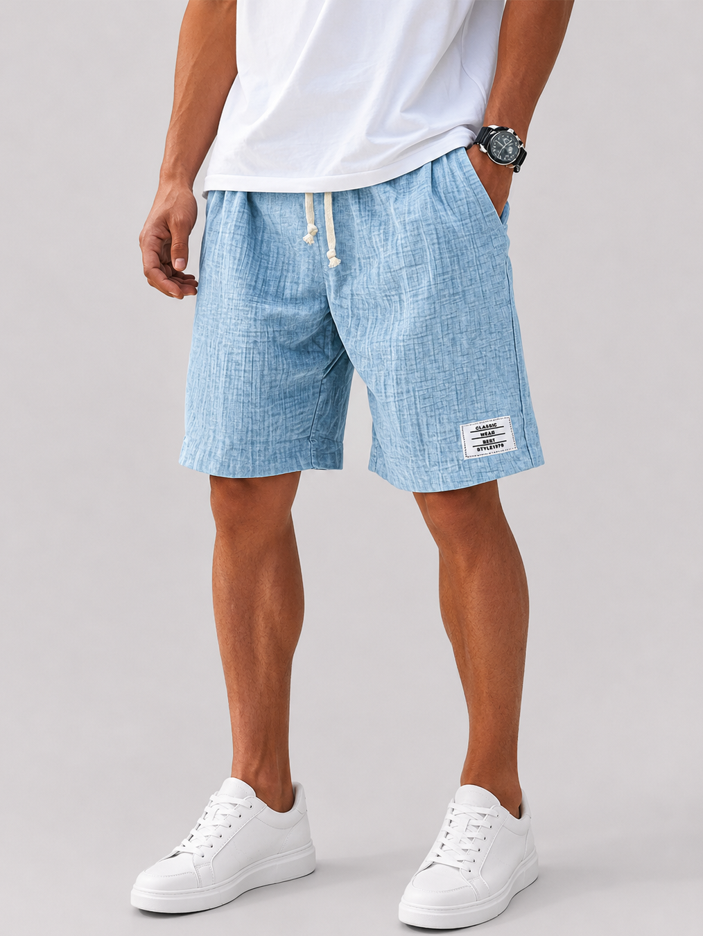 Men's Comfort Crepe Soft Simple Embroidered Label Casual Lace Up Everyday Shorts