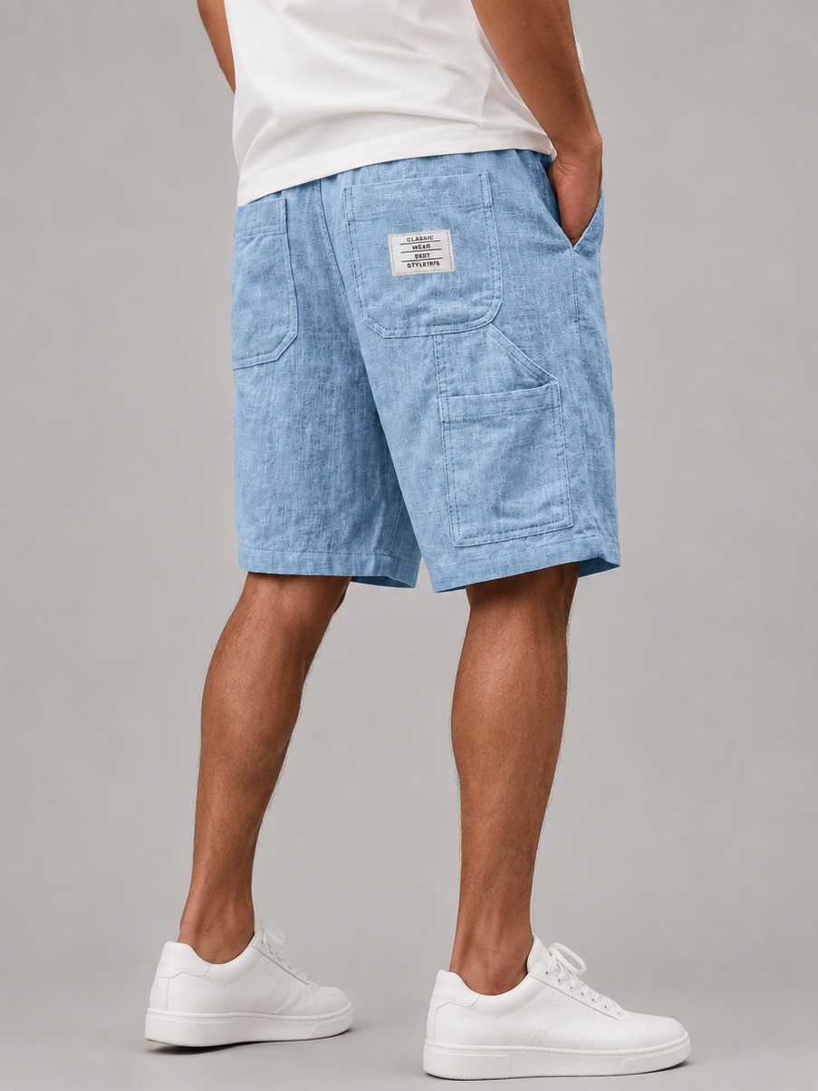 Men's Comfortable Cotton Linen Multi-Pocket Embroidered Logo Casual Cargo Shorts