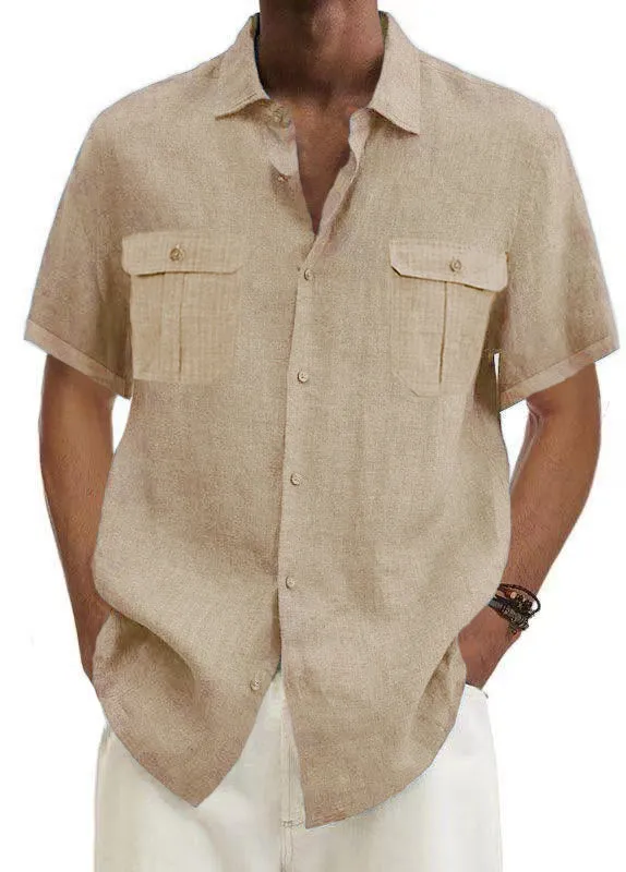Mokaloha-Men's Solid Color Double Pocket Cotton Linen Casual Short Sleeve Shirt