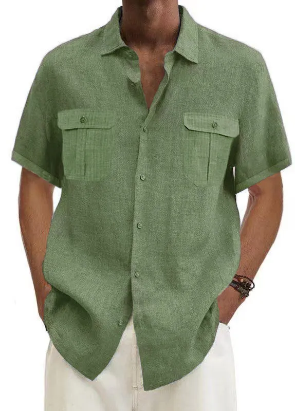 Mokaloha-Men's Solid Color Double Pocket Cotton Linen Casual Short Sleeve Shirt