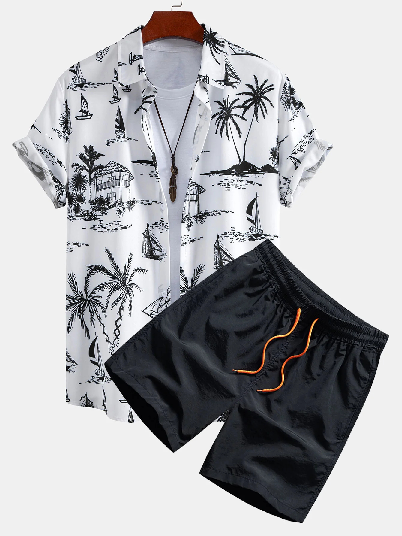 Island Sailing Print Button Up Shirt & Swim Shorts