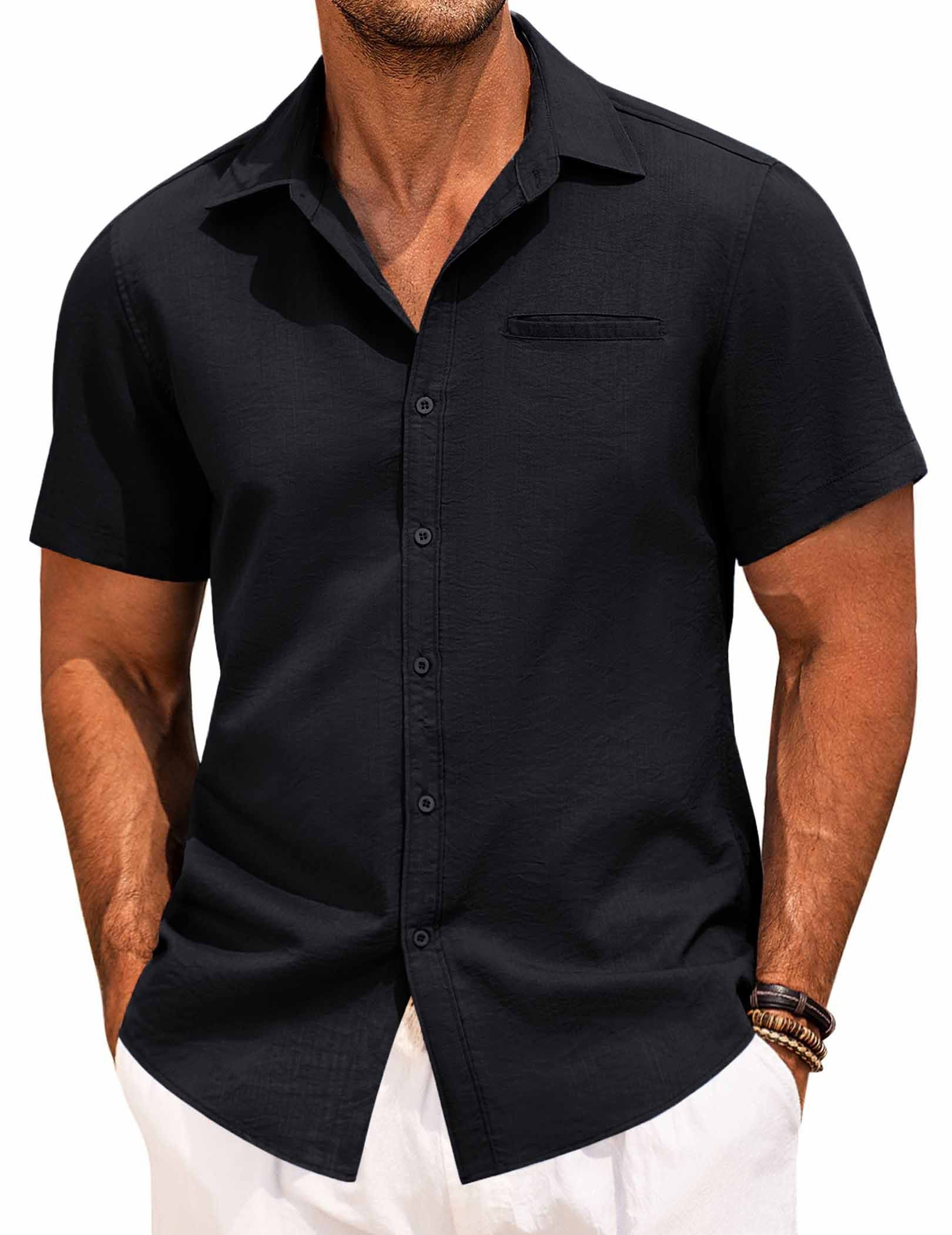 Men's Fake Pocket Linen Shirt Short Sleeve Button Up Shirt Summer Beach Hawaiian Shirt