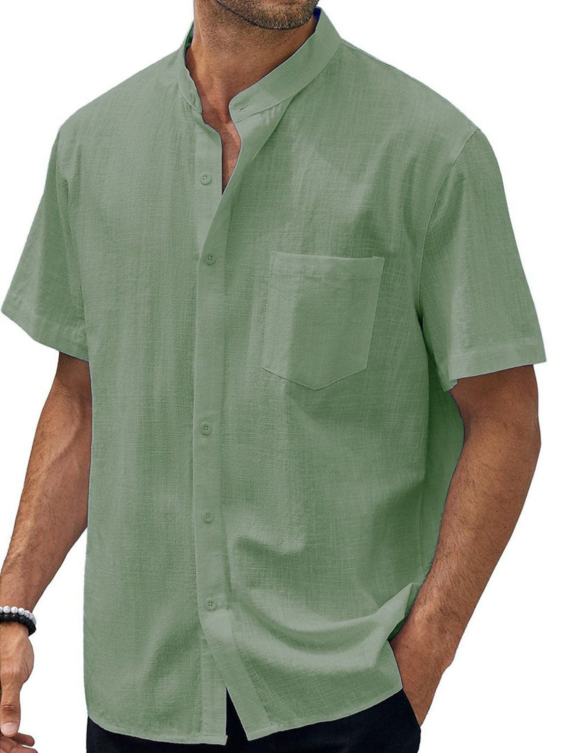 Men's Solid Color Stand Collar Pocket Cotton Linen Casual Short Sleeve Shirt