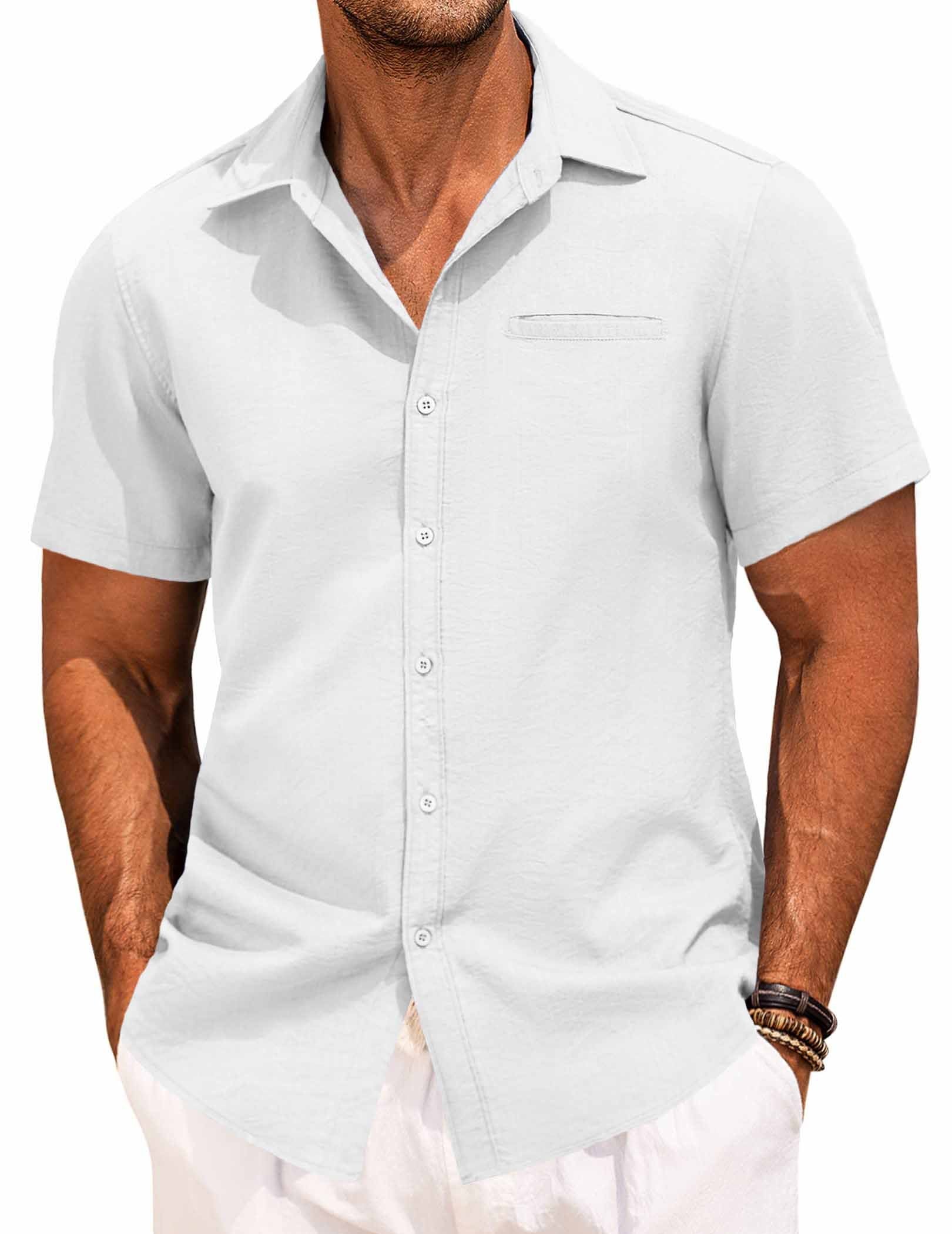 Men's Fake Pocket Linen Shirt Short Sleeve Button Up Shirt Summer Beach Hawaiian Shirt
