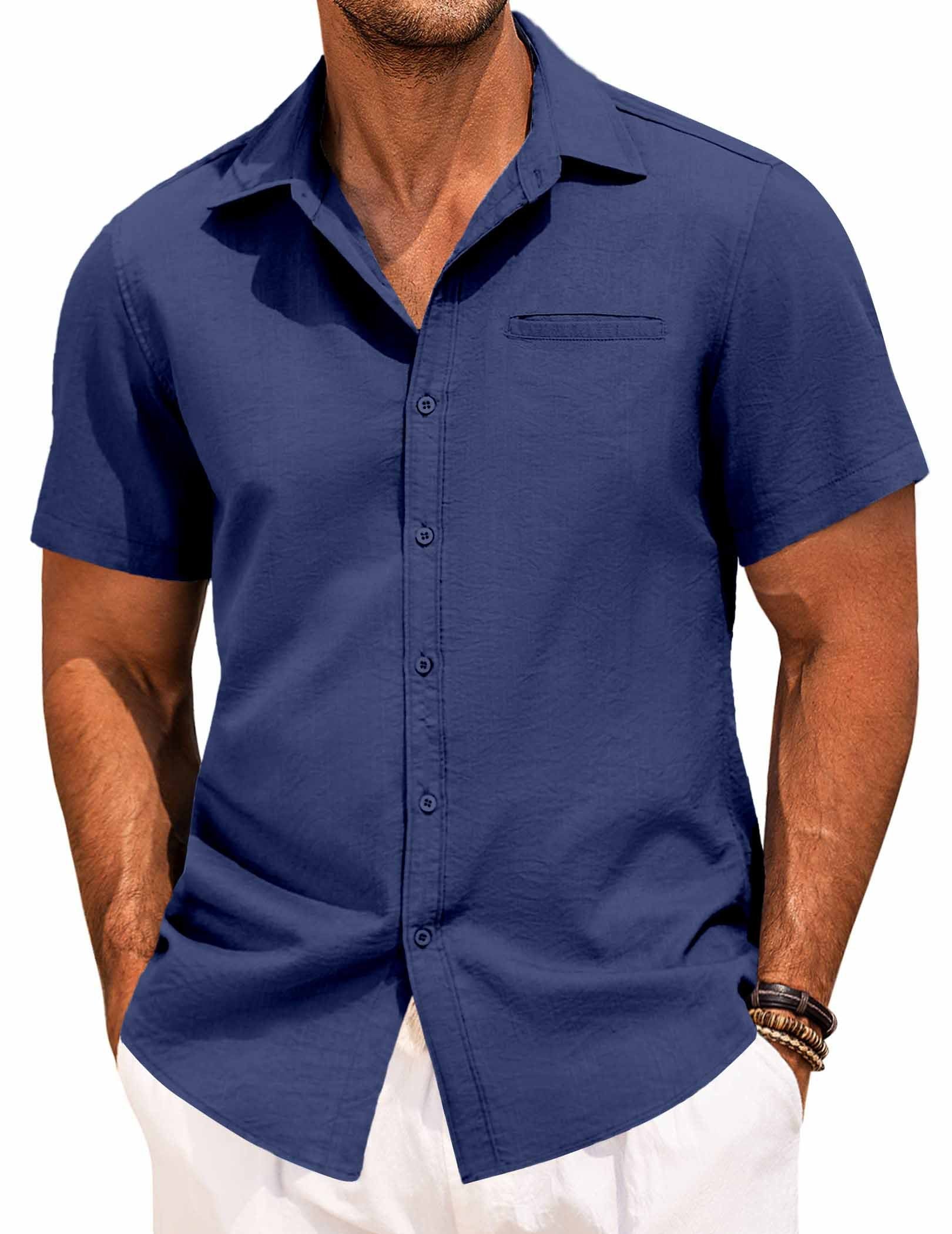 Men's Fake Pocket Linen Shirt Short Sleeve Button Up Shirt Summer Beach Hawaiian Shirt