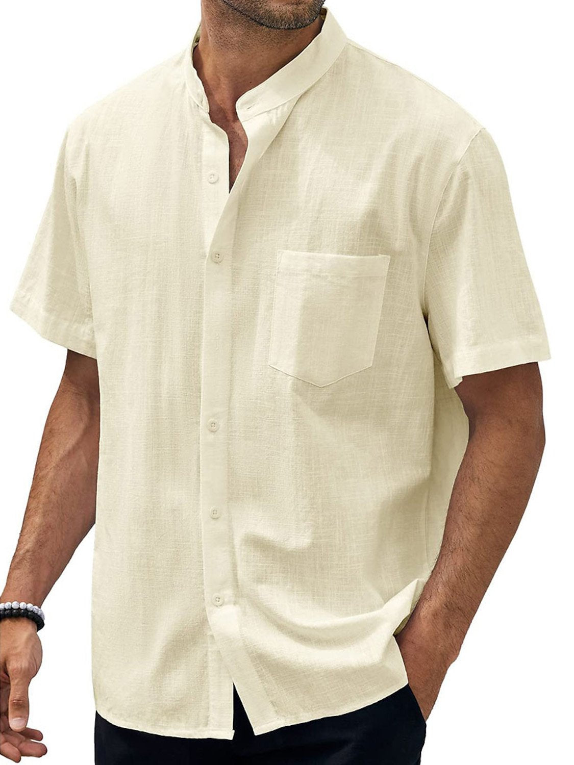 Men's Solid Color Stand Collar Pocket Cotton Linen Casual Short Sleeve Shirt