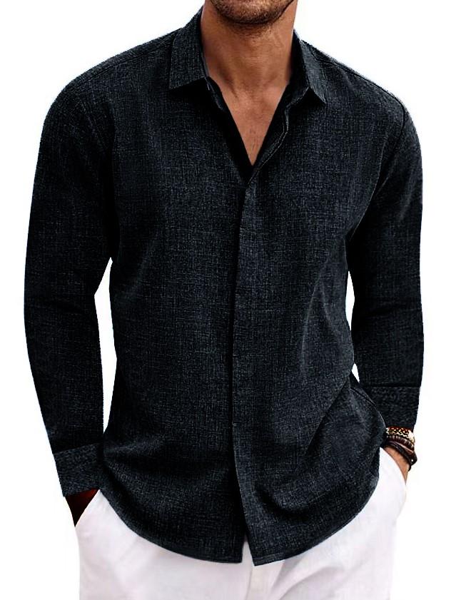 Men's Linen Solid Color Casual Loose Daily Hawaiian Long Sleeve Shirt