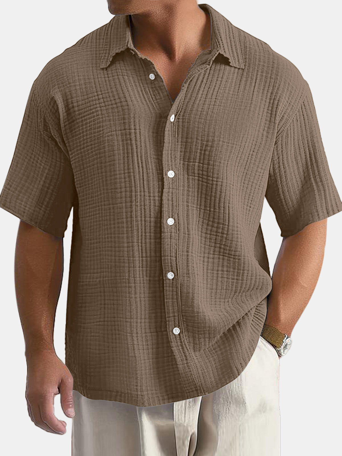 Men's Casual Cotton Summer Comfortable Solid Color Short Sleeve Shirt