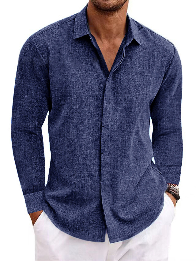 Men's Linen Solid Color Casual Loose Daily Hawaiian Long Sleeve Shirt