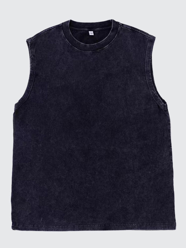 Men's 100% Cotton Washed And Distressed Vintage Round Neck Sleeveless Sports Tank Top