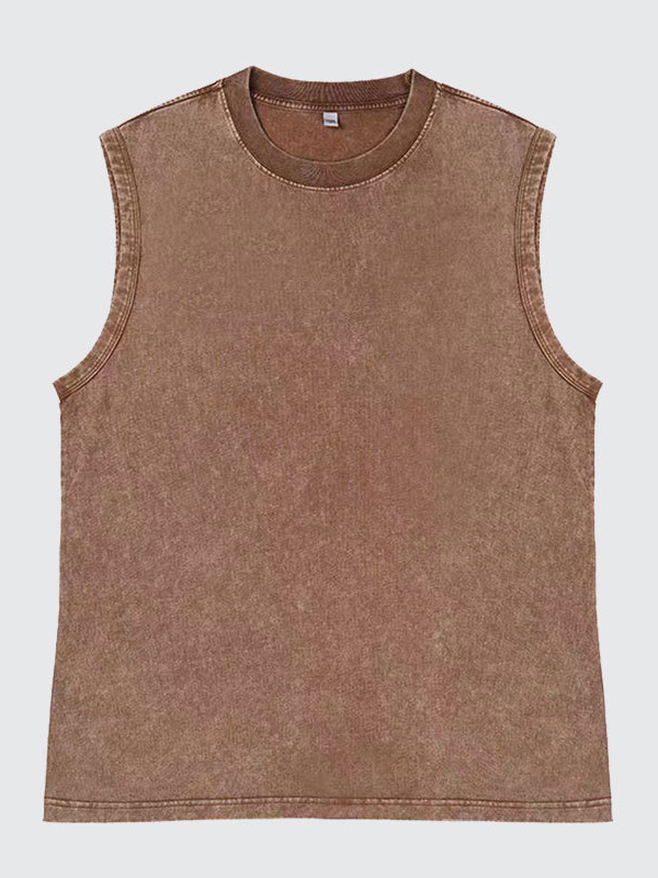 Men's 100% Cotton Washed And Distressed Vintage Round Neck Sleeveless Sports Tank Top